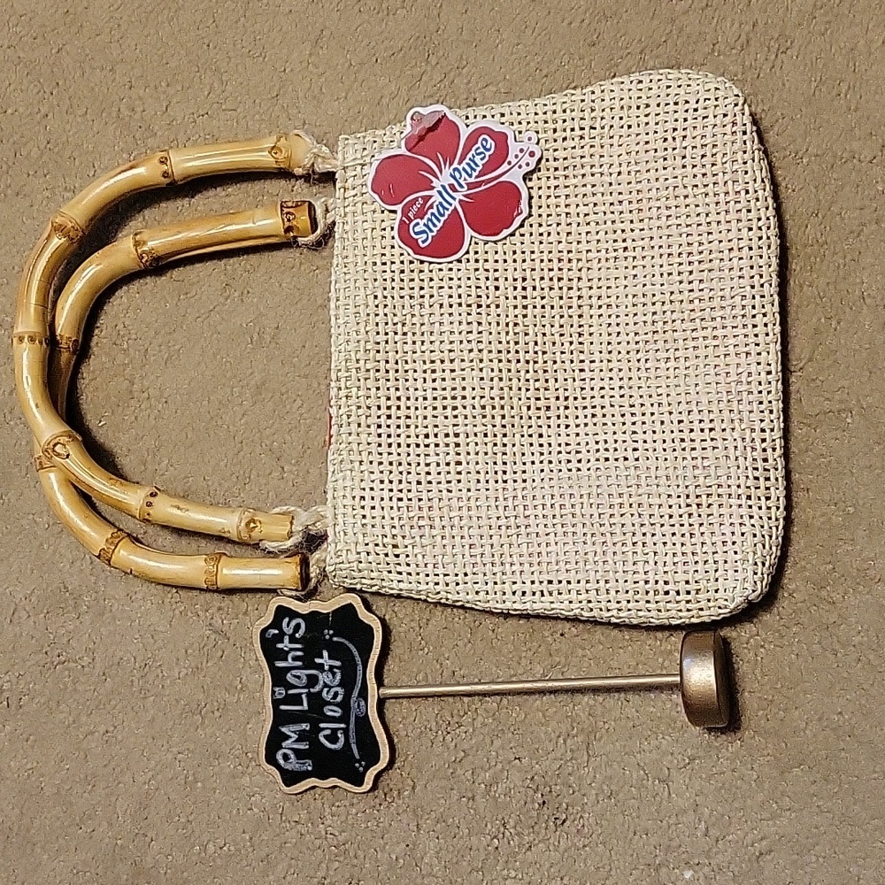 Noteworthy New Small Purse Woven Paper Straw Bamboo Handles Fabric Lined